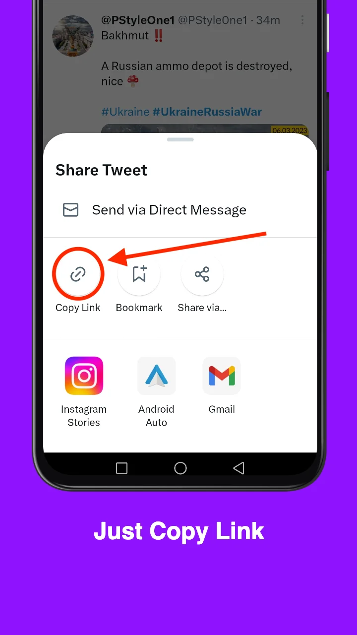 android Adım 2'de twitter Video tweet'i indirmek için bağlantıyı kopyalayın